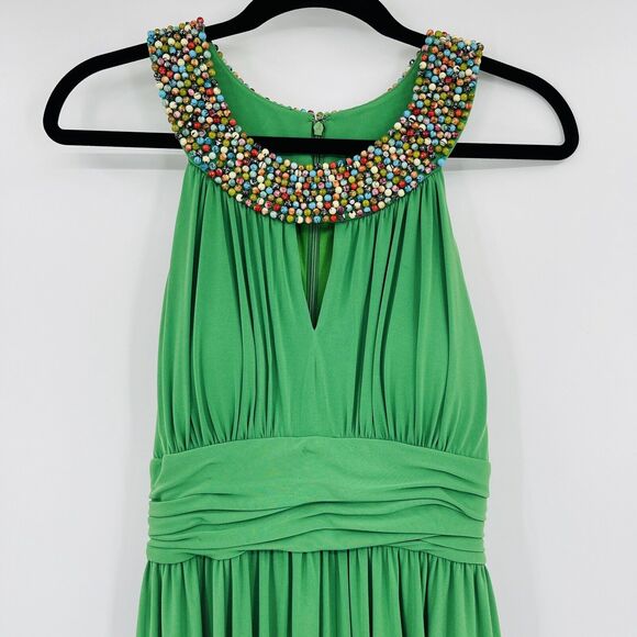 Suzi Chin Womens Dress Sz 8 Green Beaded Halter Sleeveless Keyhole Stretch Midi - Picture 3 of 10